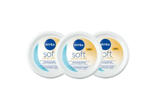 Nivea Feuchtigkeitscreme Soft mit Sonnenschutz Lichtschutzfaktor 15 3 x 100 ml, 3-tlg., 48h+ Feuchtigkeit, UVA- und UVB Schutz, Jojobaöl
