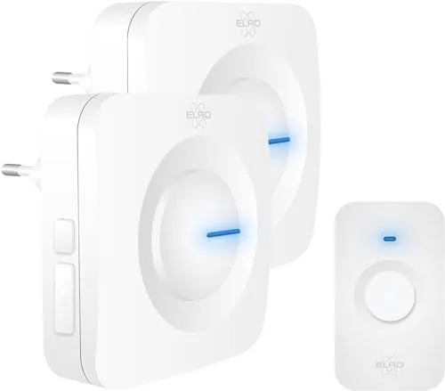 ELRO DB3000 Funk Türklingel Set - Türglockensätze mit 2 Empfängern, wasserdicht und 300m Reichweite. Nie wieder Batterien wechseln dank Plug-In-Design und 64 Melodien für individuelle Akzente.