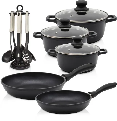 Krüger Topf-Set Aluguss Topf-/ Pfannenset LEIPZIG inkl. Küchenhelfern, 15 tlg., Aluminiumguss (Set, 15-tlg., Fleischtopf 16+20+24 cm, Pfanne flach 20+28 cm, 7 tlg. Küchenhelferset), inkl. 7-tlg. Küchenhelfer-Set