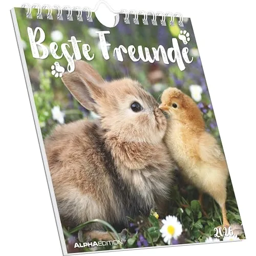 Alpha Edition - Beste Freunde 2026 – Postkartenkalender 16×17 cm mit 53 Tierfreundschaft-Motiven, FSC-zertifiziert, dekorativer Tisch- & Wandkalender, abtrennbare Postkarten zum Verschicken & Sammeln