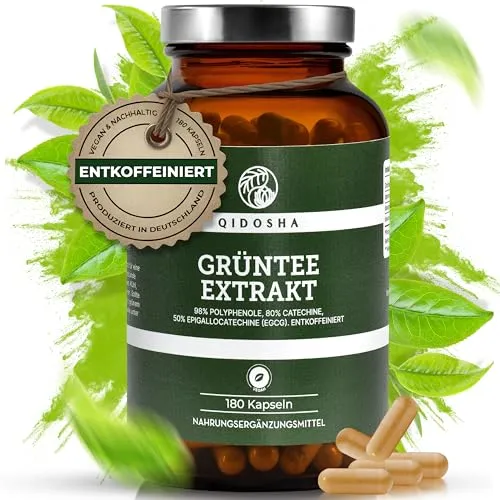QIDOSHA® Entkoffeinierter Grüntee Extrakt Kapseln mit 50% EGCG, 180 Stk - Pflanzliches Ergänzungsmittel Grüner Tee, hochdosiert mit 350 mg EGCG pro Kapsel und ohne Koffein, ideal für gesundheitsbewusste Genießer.