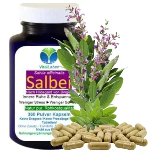 Salbei 360 Pulver Kapseln - NATUR Pur ohne Zusatzstoffe - Nahrungsergänzungsmittel zur Unterstützung bei Stress und Verdauung, basierend auf der Klostermedizin von Hildegard von Bingen. Hochdosiert und ohne Zusatzstoffe.