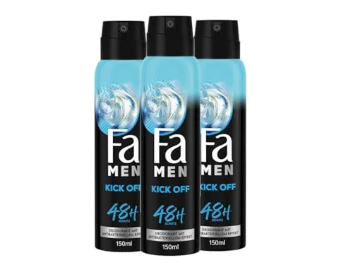 Fa Men Deodorant & Bodyspray Kick Off (3x 150 ml), Deospray mit aktivierend-frischen Duft, Deo ohne Aluminium für bis zu 48 h Schutz, hinterlässt keine Rückstände