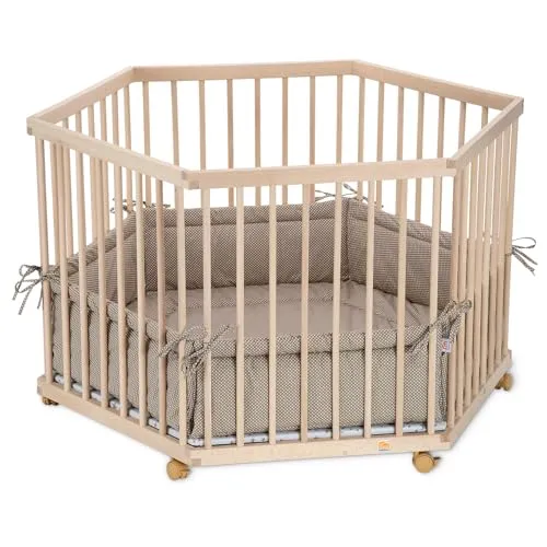 FabiMax Baby Laufgitter 6-eck, stufenlos höhenverstellbar, mit Schlupfsprossen, Laufstall aus massivem Buchenholz (Beige Punkte)