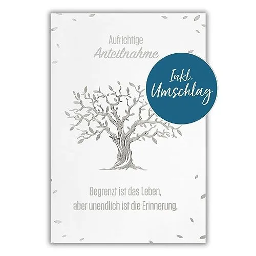 bsb Trauerkarte zur Beerdigung - liebevolle Beileidskarten mit Umschlag - Trauerkarte hochwertig mit Baum-Motiv - Herzliches Beileid Karte Trauer - Kondolenzkarte in 11,5 x 17,0 cm