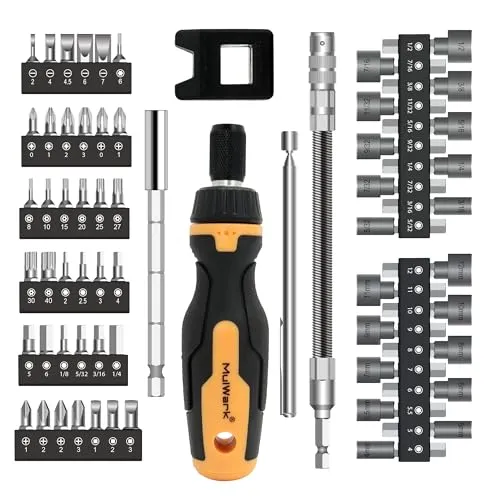 MulWark 63PC Magnetisches Ratschendreher-Bitset – Multibit-Schraubendreher Mit Bits Für Schlitz, Torx, Innensechskant, Pozidriv, Kreuzschlitz Und Robertson – Steckschlüsselsatz Für SAE Und Metrisch