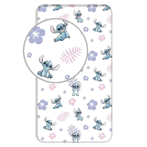 Disney Lilo und Stitch Spannbettlaken Betttuch Spannbetttuch Stitch mit Blumen 90 x 200 + 25 cm 100% Baumwolle