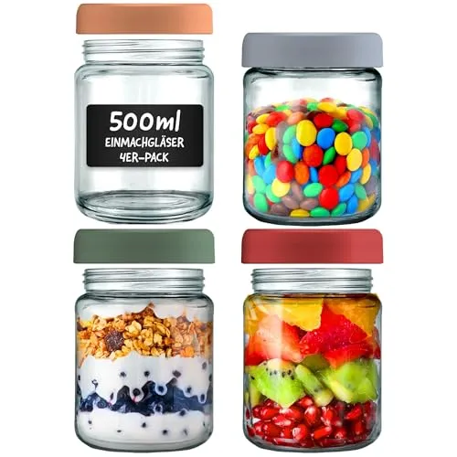 volila Overnight Oats Gläser - 4er Pack 500ml Einmachgläser mit Deckeln, schwarzen Etiketten und Stift - Wiederverwendbare Overnight Oats Behälter für Joghurt, Sauce, Müsli und Babynahrung Lagerung