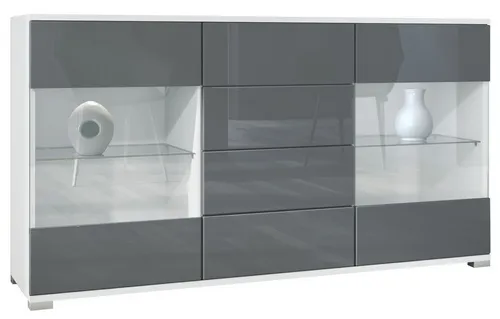 Vladon Sideboard Bari V1 – Elegante Kommode mit 2 Türen und 4 Schubladen - Das stilvolle Sideboard Bari V1 bietet großzügigen Stauraum und moderne Vitrinenoptik. Mit seinem minimalistischen Design und hochwertigen Materialien ist es die perfekte Ergänzung für Ihr Zuhause.