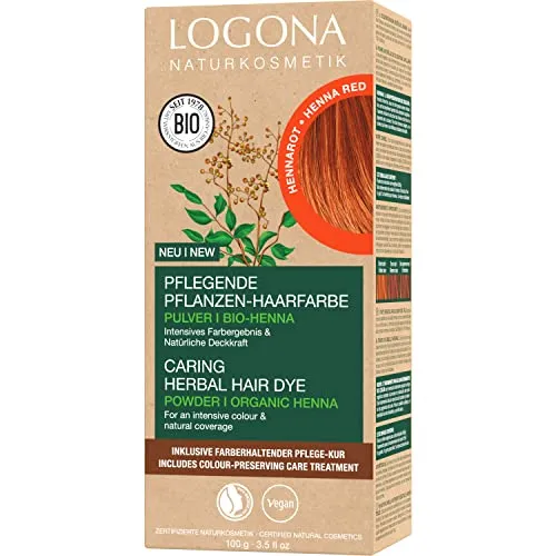 LOGONA Naturkosmetik Pflegende pflanzliche Haarfarbe, Veganes Haarfarbe-Pulver mit Bio-Henna für intensive Farbe und Glanz, Pflanzenhaarfarbe in Hennarot (Rot), 1 x 100g
