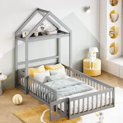 MODFU Kinderbett 90x200 Bettgestell mit Stauraum und Lattenrost,Jugendbett aus Massivholz,Holzbett mit Vollschutzgitter und Türen,ohne Matratze,Grau - Grau