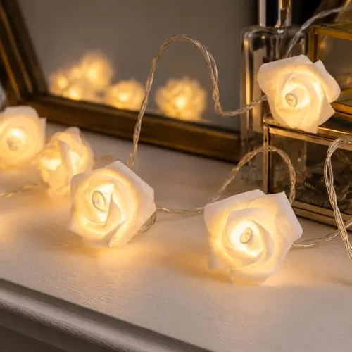 Festive Lights Rosen 3,8m Lichterkette weiß, batteriebetrieben mit Timer, 20 LEDs warmweiß, künstliche rosen Lichterkette innen
