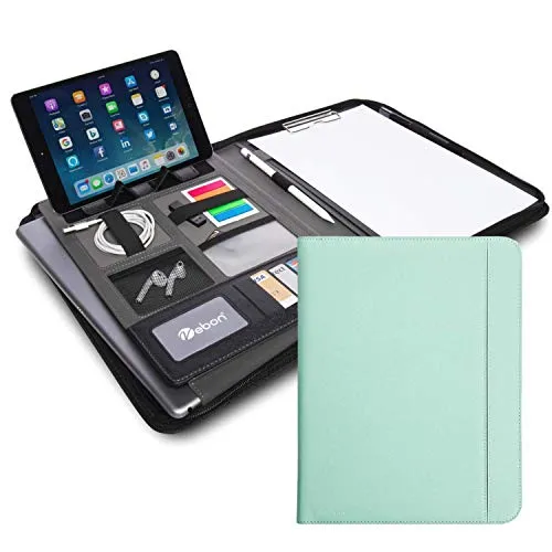 Vebon® Konferenzmappe A4 London aus Veganem Leder mit Reißverschluss I Schreibmappe + Laptoptasche I 2in1 I Türkis I Smartphone Halterung + Klemmbrett