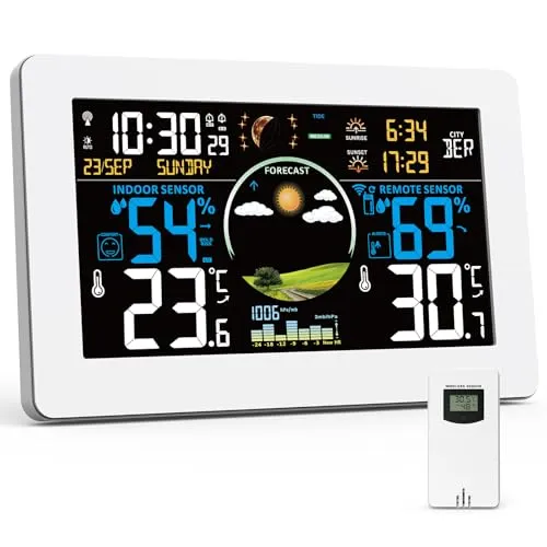 VIFLYKOO Wetterstation Funk mit Außensensor, Thermometer & Hygrometer, Wettervorhersage, Luftdruck, DCF Funkuhr, VA-Display, Batterie- & Netzbetrieb, für Innen & Außen, Weiß