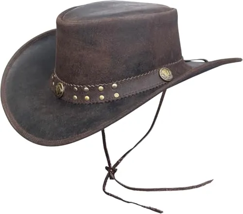 BRANDSLOCK Cowboyhut aus Leder für Herren, handgefertigt, formbar, breite Krempe, langlebig, Cowgirl-Outback-Hut (DE/NL/SE/PL, Alphanumerisch, M, Standard, Braun)