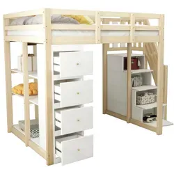 Okwish Hochbett 140x200 cm in Weiß und Hellbraun – Ideal für Kinderzimmer - Vielseitiges Hochbett aus hochwertigem Massivholz mit sicherem Sicherheitsgitter. Bietet viel Stauraum durch 4 Schubladen und 3 Regalböden. Funktional und stilvoll für jedes Kinderzimmer.