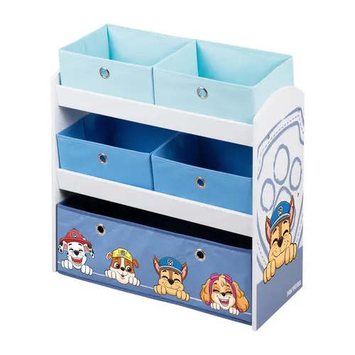 roba Spielregal aus Holz Paw Patrol mit 5 Boxen - Spielzeugkiste aus Holz, ideal für Kinderzimmer, fördert Ordnung und Kreativität mit bunten Paw Patrol Boxen.