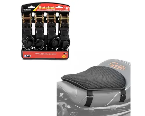ConStands Motorradheber Set mit Spanngurt und Gel Sitzkissen S1 - Wagenheber Set mit Spanngurt für sichere Motorradtransporte und Gel Sitzkissen für optimalen Komfort auf langen Fahrten. Perfekte Gewichtsverteilung und Anti-Rutsch-Beschichtung sorgen für Sicherheit und Bequemlichkeit.