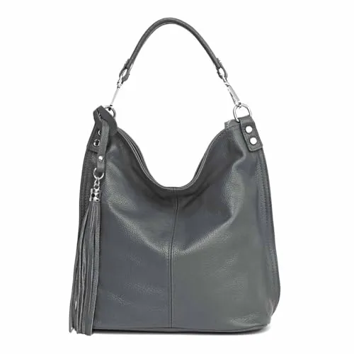 OBC Made IN Italy Damen XL Leder Tasche Business Shopper Schultertasche Ledertasche Umhängetasche Handtasche Nappaleder Dunkelgrau