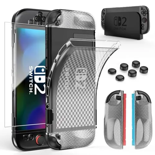 HEYSTOP Hülle für Nintendo Switch 2 Dockable TPU Schutzhülle Rundumschutz | Stoßfeste Schutzhülle im Karomuster für Nintendo Switch 2 mit Displayschutz aus Gehärtetem Glas, Präzisen Aussparungen