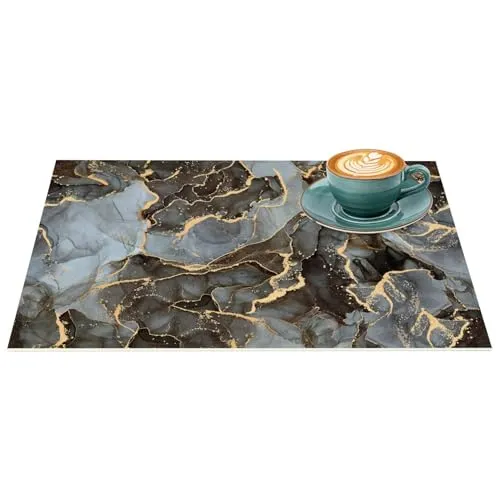 Platzset Tischset abwaschbar PVC Platzdeckchen rutschfest Tischuntersetzer Hitzebeständig Esstisch waschbar für drinnen & draußen Dunkel Marmor 35x50cm