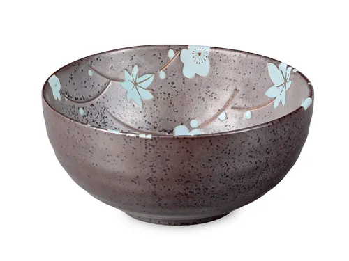 Matcha Schale / Teeschale 250ml aus Keramik, anthrazit/blau, Blütenmuster