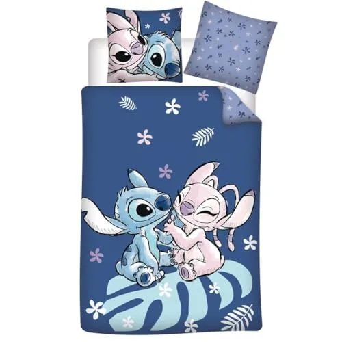 Stitch & Angel Leaf Bettwäsche Set - Bettwaren-Set für Kinder, wendbarer Bettbezug 140 x 200 cm + Kissenbezug 65 x 65 cm, schadstoffgeprüft nach OEKO-TEX Standard 100, ideal für Disney-Fans.