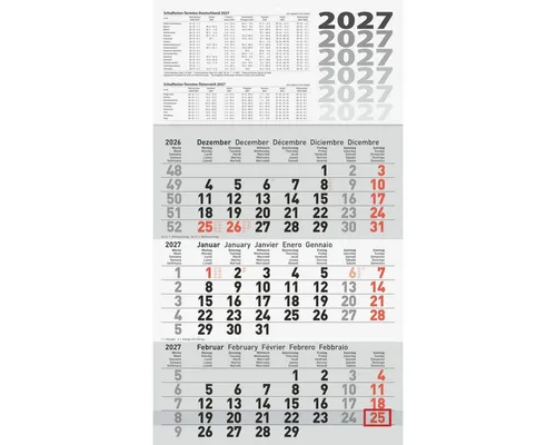 GLOCKEN Wandkalender 3-Monatskalender 30x54cm 3-farbig Kalendarium 2027