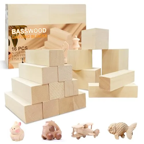 Euablfo 16 Stück Schnitzholz Set, Handgeschnitztes Holz, 3 Größen Lindenholz zum Schnitzen, Basteln und Drechseln, Schnitzholz für Kinder und Erwachsene