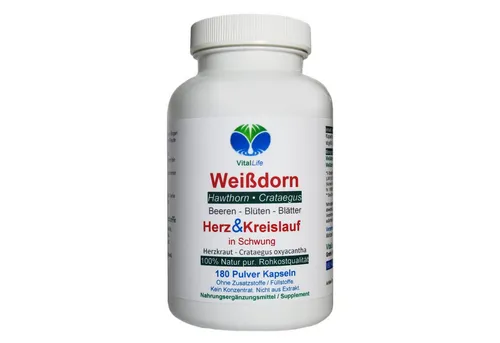 VitalLife Weissdorn Weißdorn NATUR pur Weißdornbeeren & Weißdornblätter Kapseln, 1 er Dose à 180 St., 86 g, Art. 27100-180