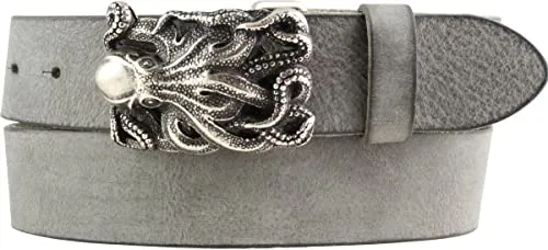 BELTINGER Gürtel mit Tintenfisch-Gürtelschnalle aus weichem Vollrindleder 4 cm Used-Look | Druckknopf-Gürtel mit Oktopus-Buckle 40mm | Vintage-Look | Dunkelgrau 105cm
