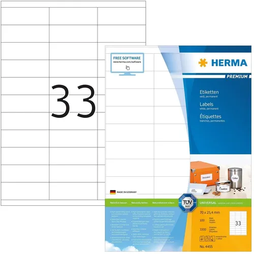 HERMA 4455 Universal Etiketten, 100 Blatt, 70 x 25,4 mm, 33 Stück pro A4 Bogen