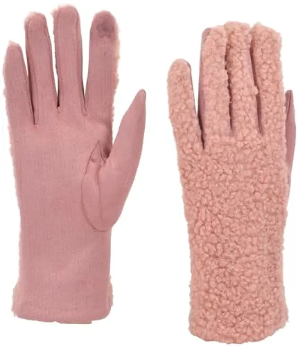 styleBREAKER Damen Touchscreen Handschuhe mit Teddyplüsch | Weiche warme Winter Fingerhandschuhe | Kuscheliger Smartphone Handschuh in vielen Farben, Farbe:Rose
