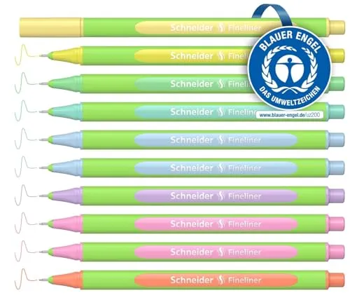 Schneider 191090 Line-Up Pastell Fineliner (Strichstärke 0,4 mm, aus biobasiertem Kunststoff, ausgezeichnet mit Der blaue Engel) 10 Stück, sortiert