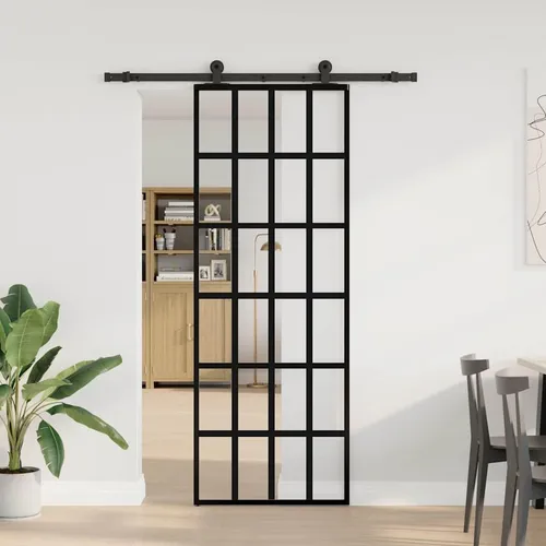 vidaXL Schiebetür mit Beschlag 76x205 cm - ESG-Glas & Aluminium - Moderne Haustür aus langlebigem ESG-Glas und korrosionsbeständigem Aluminium. Platzsparendes Design für ein größeres Raumgefühl und leises Öffnen dank integriertem Stoppersystem.