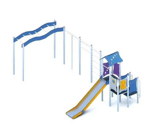 Spielplatz Rutschbahn Klettergerüst - Bewegungsfläche für Kinder - Attraktives Klettergerüst mit Rutschbahn für Kinder von 1-11 Jahren. Bietet sicheren Spaß und fördert Bewegung im Freien. Ideal für Spielbereiche mit einer Sicherheitszone von 859 x 615 cm.
