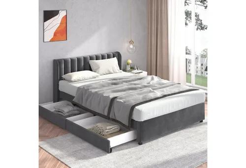 Merax Stauraumbett Polsterbett 140x200 aus Samt mit Kopfteil & Schubladen - Elegantes Polsterbett mit 2 praktischen Schubladen für zusätzlichen Stauraum und einem komfortablen Kopfteil, ideal für gemütliche Schlafzimmer.