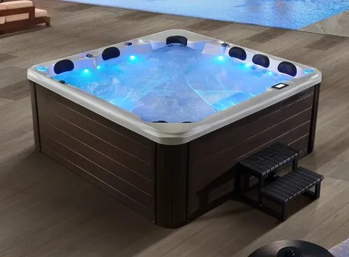 Outdoor Spa Whirlpool Heißwasserbecken 220x220 cm mit LED Beleuchtung - Quadratischer Außenwhirlpool mit 1200 L Fassungsvermögen, ideal für Entspannung im Freien. Robustes Acryl, 2 Jahre Garantie und stylische LED Beleuchtung sorgen für ein besonderes Ambiente.