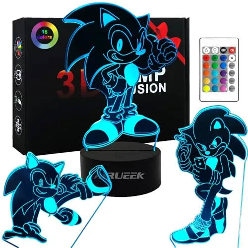 AIRUEEK Sonic Hedgehog Spielzeug 3D nachtlicht LED Illusion Lampe-3Pack Sonic/1 Fernbedienung /1 schwarzer Sockel/-Schlafzimmerdekor Kreative Halloween Weihnachts Geschenke für Kinder Männer