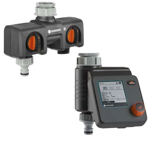 GARDENA Bewässerungssteuerung Select 2-Wege-Verteiler - Automatische Gartenbewässerung mit 3 Programmen, Regen- und UV-beständig für effiziente Pflanzenpflege