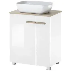 Furn.Design Waschbeckenunterschrank MIT Waschbecken - Modernes Set in Weiß Hochglanz und Eiche - Waschbeckenunterschrank mit Keramik-Waschbecken, vielseitig montierbar (hängend/stehend) und pflegeleicht. Hochwertiges Design mit viel Stauraum und FSC®-zertifiziertem Holzwerkstoff.