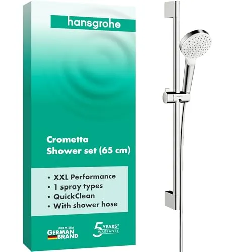 hansgrohe Crometta Brauseset 26533400 – Elegantes Brausesystem in Weiß/Chrom - Brausegarnituren mit 100 mm Brausekopf, verstellbarem Neigungswinkel und Antikalksystem für ein angenehmes Duscherlebnis.