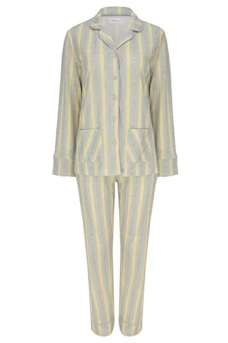 SNOOZE OFF Pyjama Schlafanzug in grün-gelb-grauen Streifendesign (2 tlg., 1 Stück) und Kontrastpaspeldetails