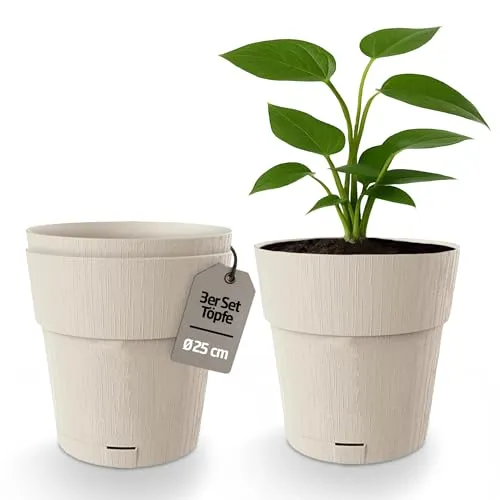 Kigima Blumentopf Pflanzentopf Blumenkübel 3er-Pack Selbstbewässerung Wasserspeicher 100% recycelter Kunststoff rund 25 cm beige