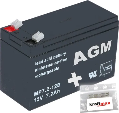 kraftmax 1x AGM 12V / 7,2Ah Blei-Akku - MP7,2-12B [ Faston 6,3 ] VDs geprüft - inkl. 2X Original Anschluß-Adapter