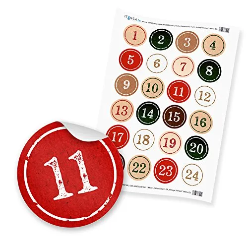 Adventskalender Zahlen 1-24 Aufkleber Sticker 4cm StempelDesign grün rot weiß Hochglanz