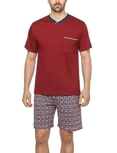 Moonline Herren Shorty Schlafanzug kurz Pyjama mit karierter Hose - Schlafanzüge für Herren, aus 100% Baumwolle für hohen Tragekomfort, atmungsaktiv und hautfreundlich - ideal zum Schlafen oder als gemütliche Homewear.