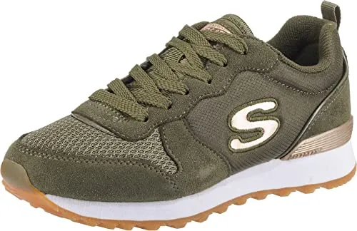 Skechers Damen retros-og 85 Sneaker - Damen-Sneaker aus hochwertigem Olive Suede und Nylon Mesh, mit stylishen Rose Gold Trimm, perfekt für einen trendigen Look und hohen Tragekomfort.