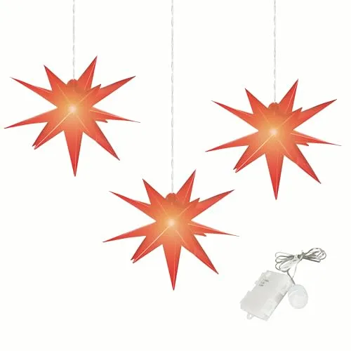 OVILUM Leuchtstern 3D mit LED Beleuchtung | 3er Set | rot - Weihnachtlicher Zierschmuck: Wetterfester 3D Leuchtstern mit 15 Spitzen, ideal für Innen- und Außendekoration. Inklusive praktischem Timer für automatische Beleuchtung.