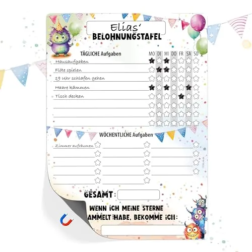 TOBJA Belohnungstafel Kinder A4 magnetisch - Spielerisches Töpfchentraining und Alltagsroutinen mit Einhorn, Dino oder Waldtiere Design - Für strahlende Kinder und entspannte Eltern (Monster)